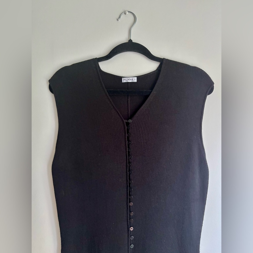 Stretchy Dress Black Button-Up V-Neck Ribbed